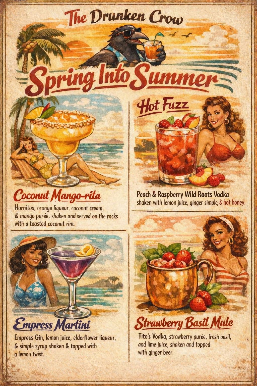 Vintage cocktail menu with tropical drinks and pin-up style art.
