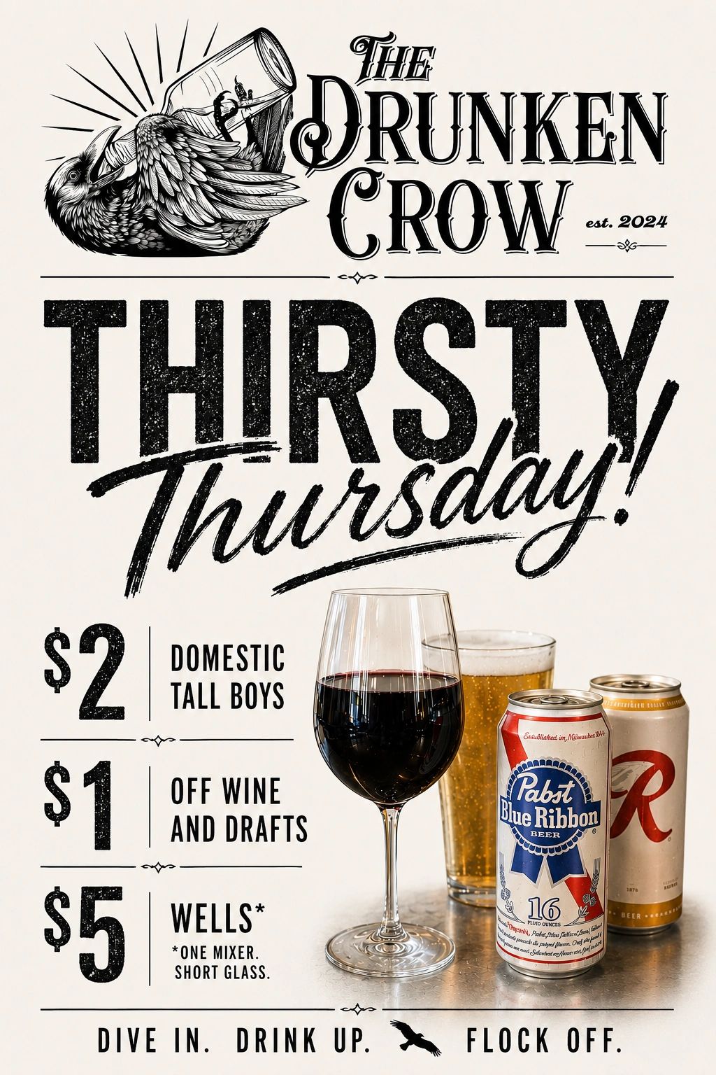 Thirsty Thursday drink specials at The Drunken Crow bar.