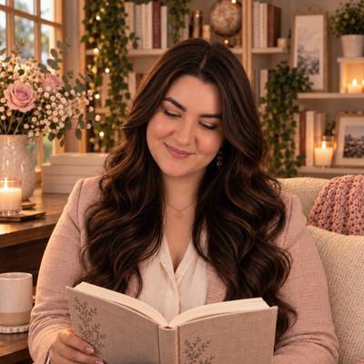 Woman with long dark hair reading a book in a cozy room.