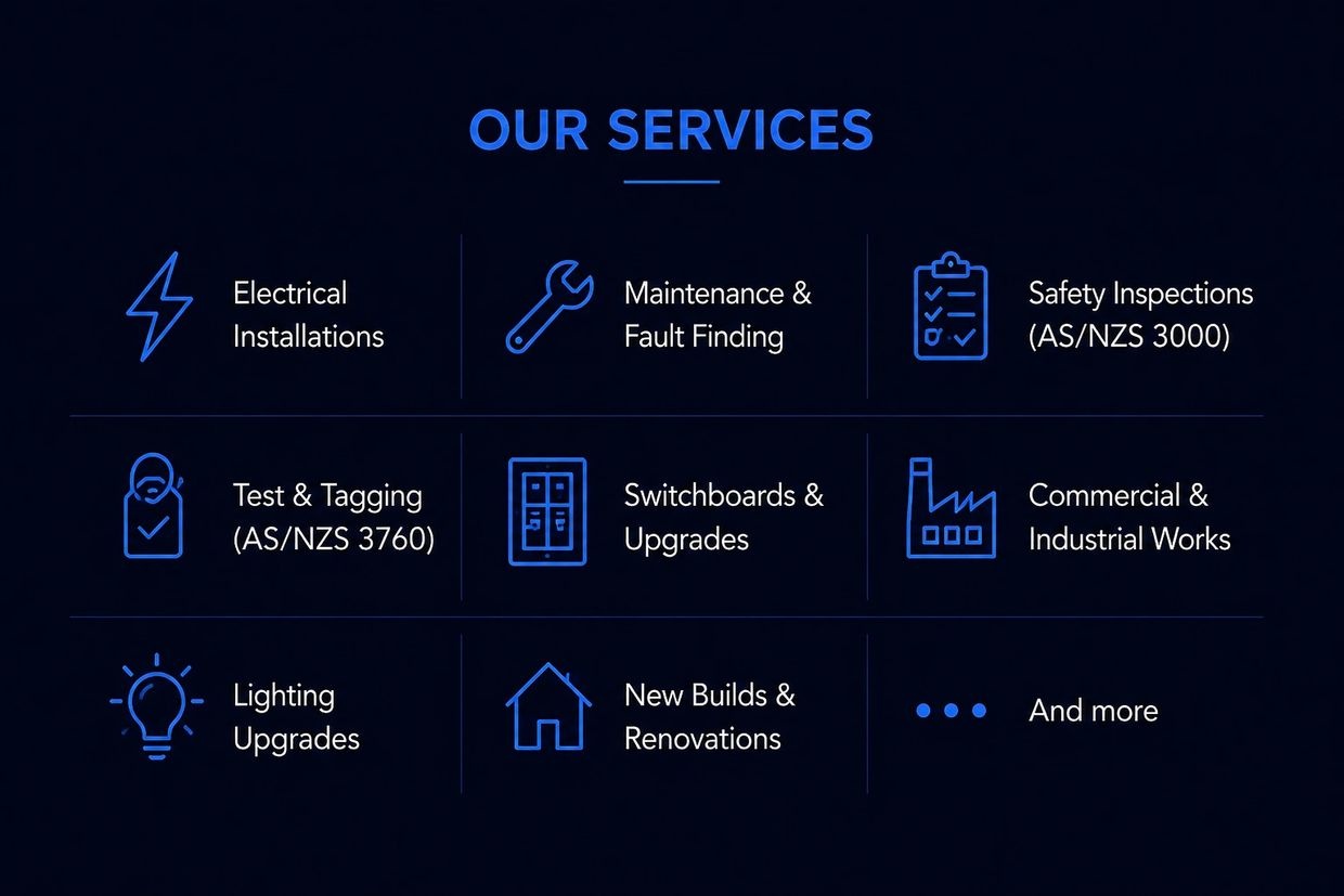 List of electrical services including installations, maintenance, inspections, and upgrades.