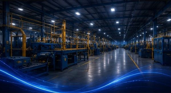 Spacious industrial factory floor with machinery under bright lights.
