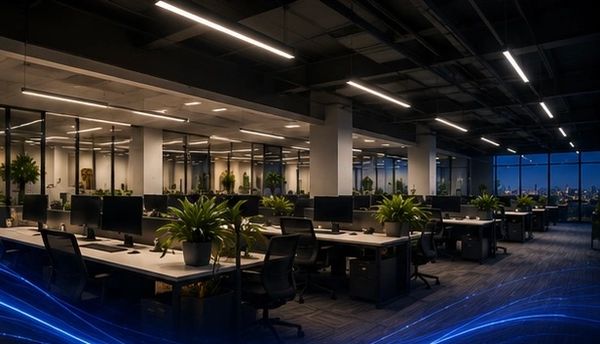 Modern office space with empty desks and plants under bright lighting.