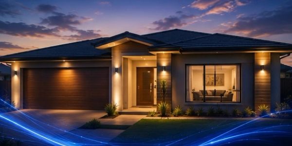 Modern house exterior illuminated at dusk with warm lights.