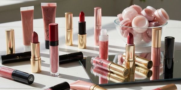 An assortment of Lip Gloss and Lipstick on a mirrored tabletop surrounded blush 