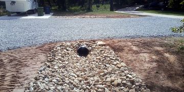 Culvert pipe (tin horn), rip rap and drainage grading in Argyle, Texas.