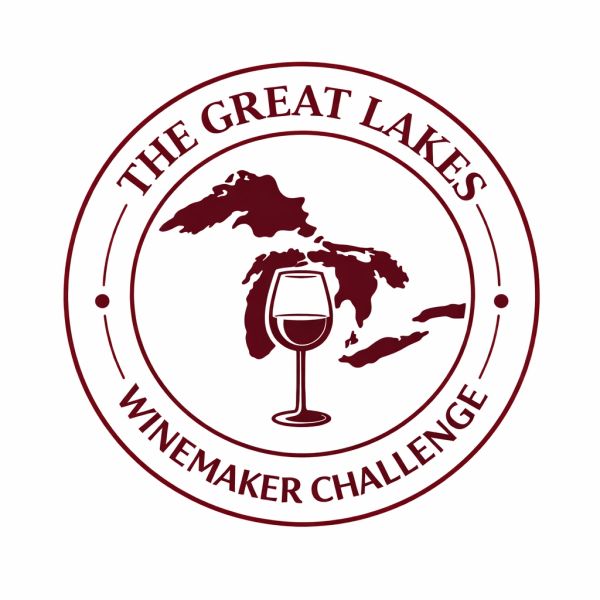 Logo for The Great Lakes Winemaker Challenge with a wine glass and lake outlines.