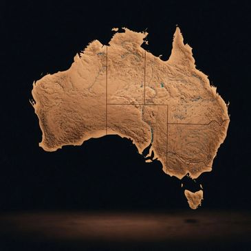 3D map of Australia with state borders on a dark background.
