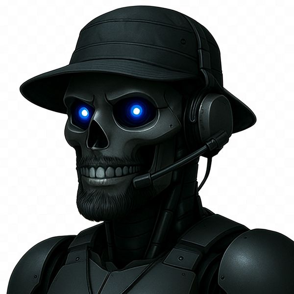 A futuristic robot with a skull face, glowing blue eyes, and tactical gear labeled 'Coachbot'.