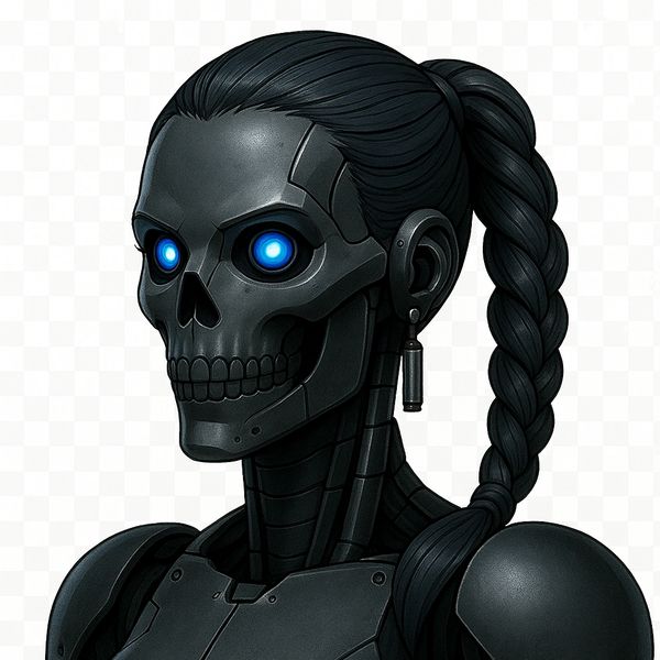 Futuristic female robot with glowing blue eyes and a braided ponytail.