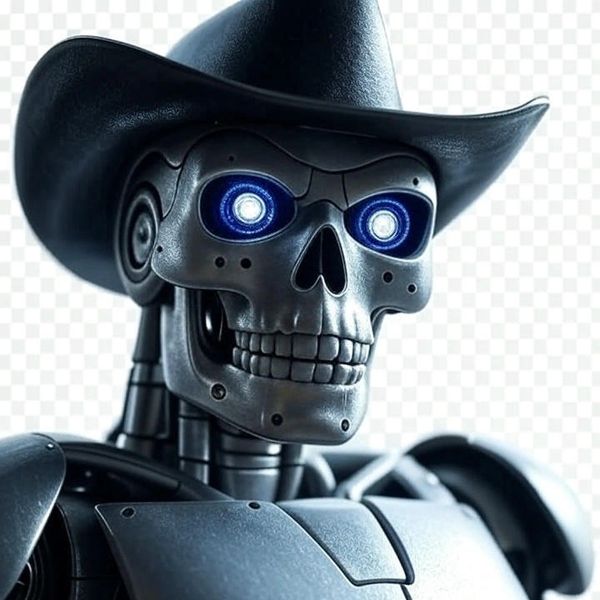 Futuristic robot with glowing eyes wearing a cowboy hat.