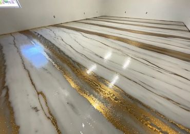 White,Gold and natural marble colored epoxy resin flooring with urethane topcoat 