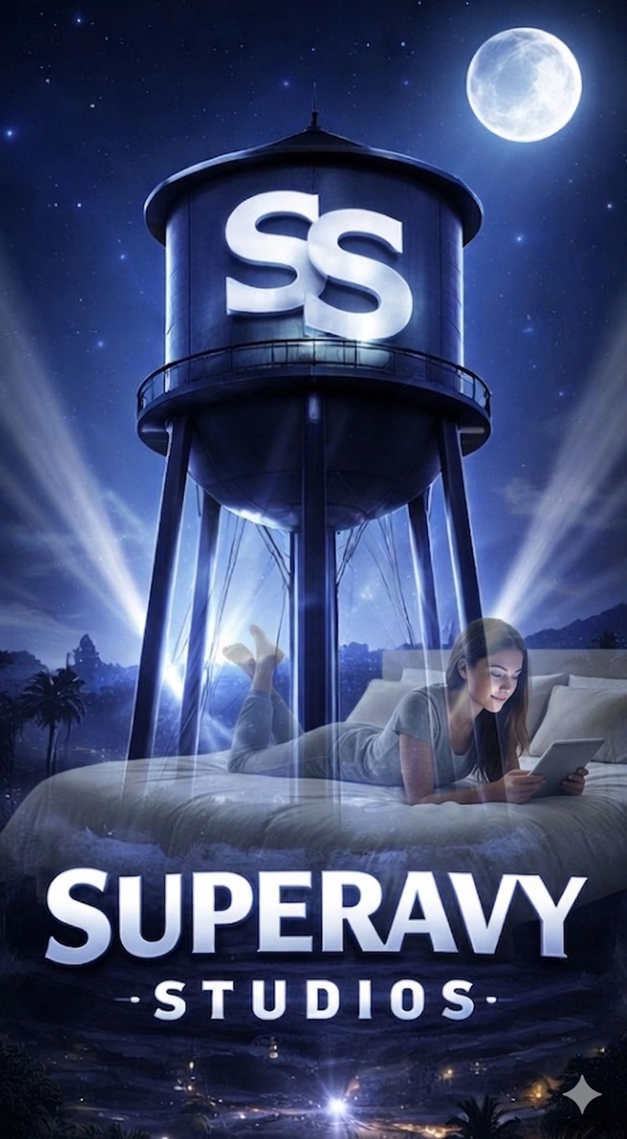 Night scene with a water tower and a woman reading on a tablet, featuring Superavy Studios logo.