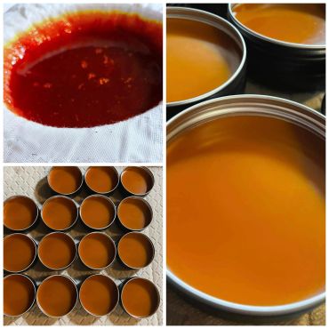 Preparing homemade balm in tins.