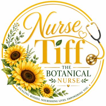 Logo of Nurse Tiff, the Botanical Nurse with sunflowers and stethoscope.