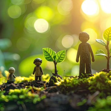 Miniaturas de pessoas ao lado de brotos verdes.