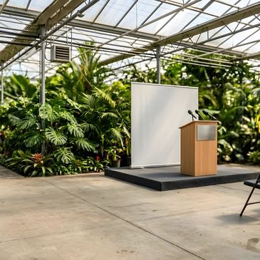 Palco com microfones em estufa com plantas.