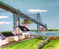 Bristol Ferry Lighthouse and the Mount Hope Bridge Bristol-Portsmouth Rhode Island  Watercolor Art Print by William B. MacGregor Jr. 