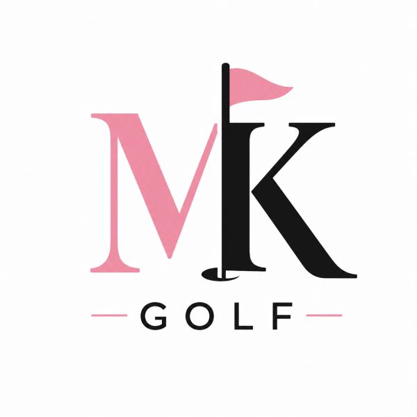 Logo with pink and black letters MK and a golf flag.