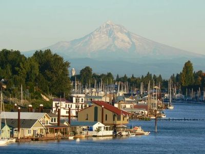 Mt Hood over houseboats on the Columbia River. 