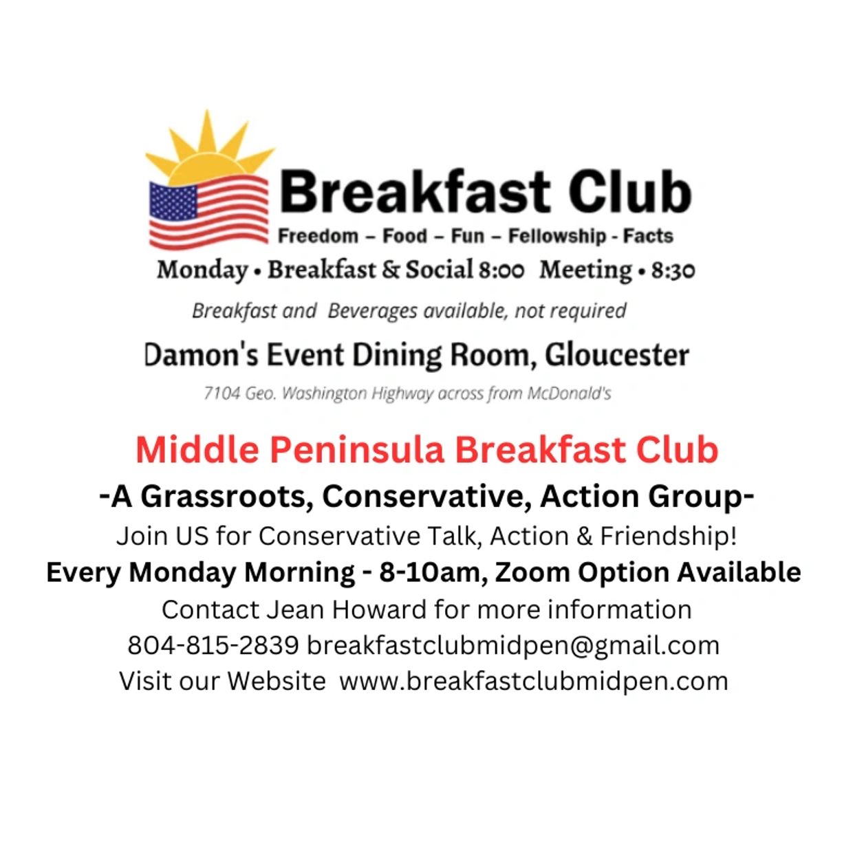 Breakfast Club meeting info with conservative talk and Zoom option.