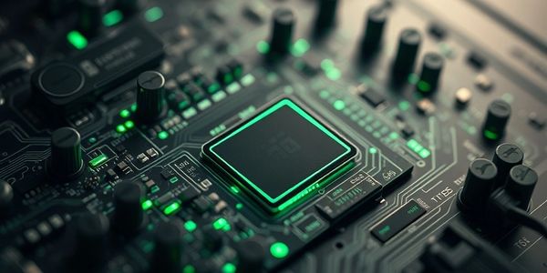 Close-up of a computer circuit board with glowing green lights.