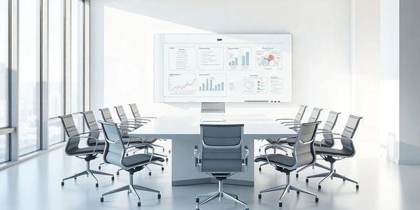 Modern conference room with sleek chairs and large digital screen.