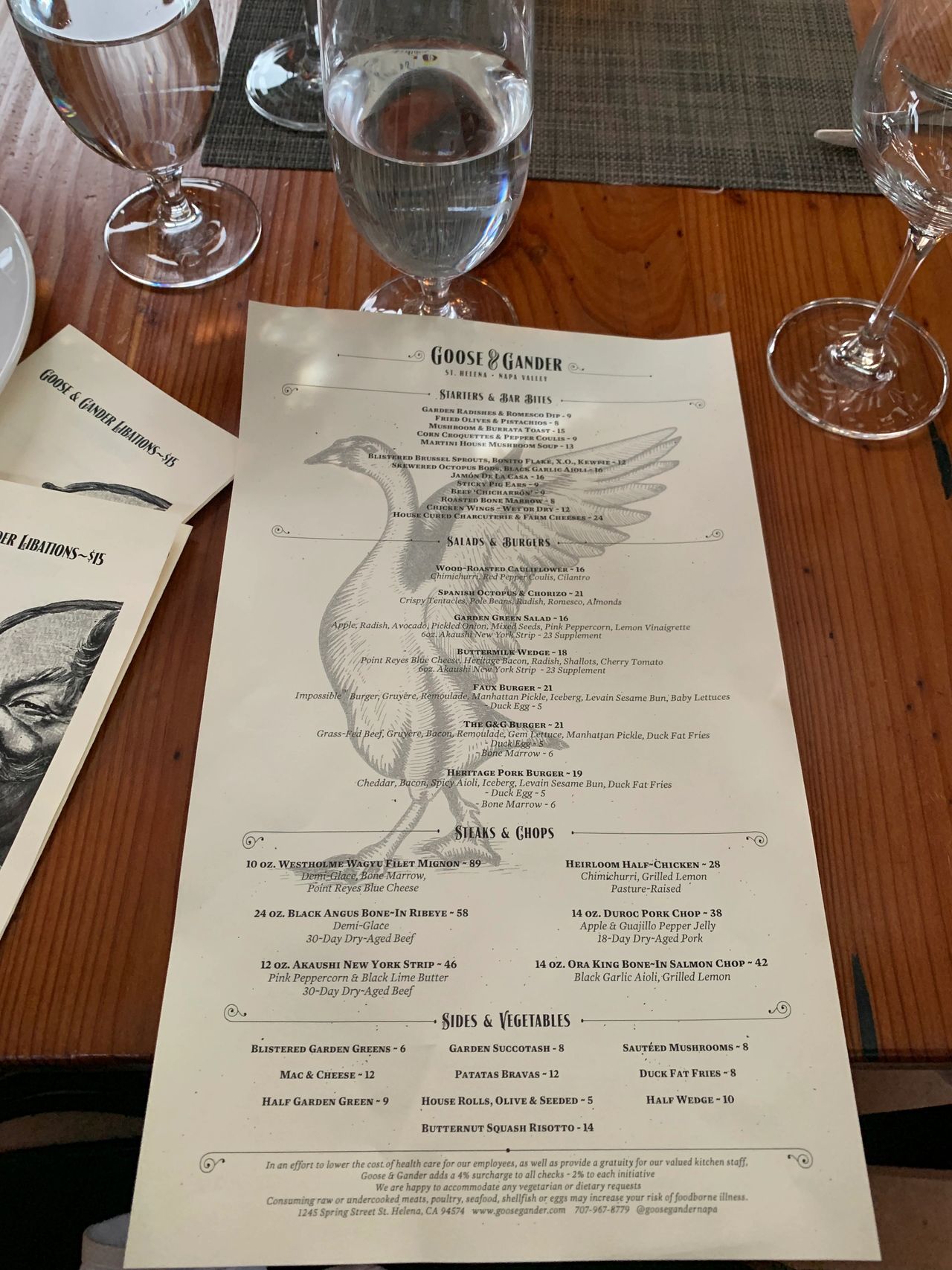 The Goose and Gander menu