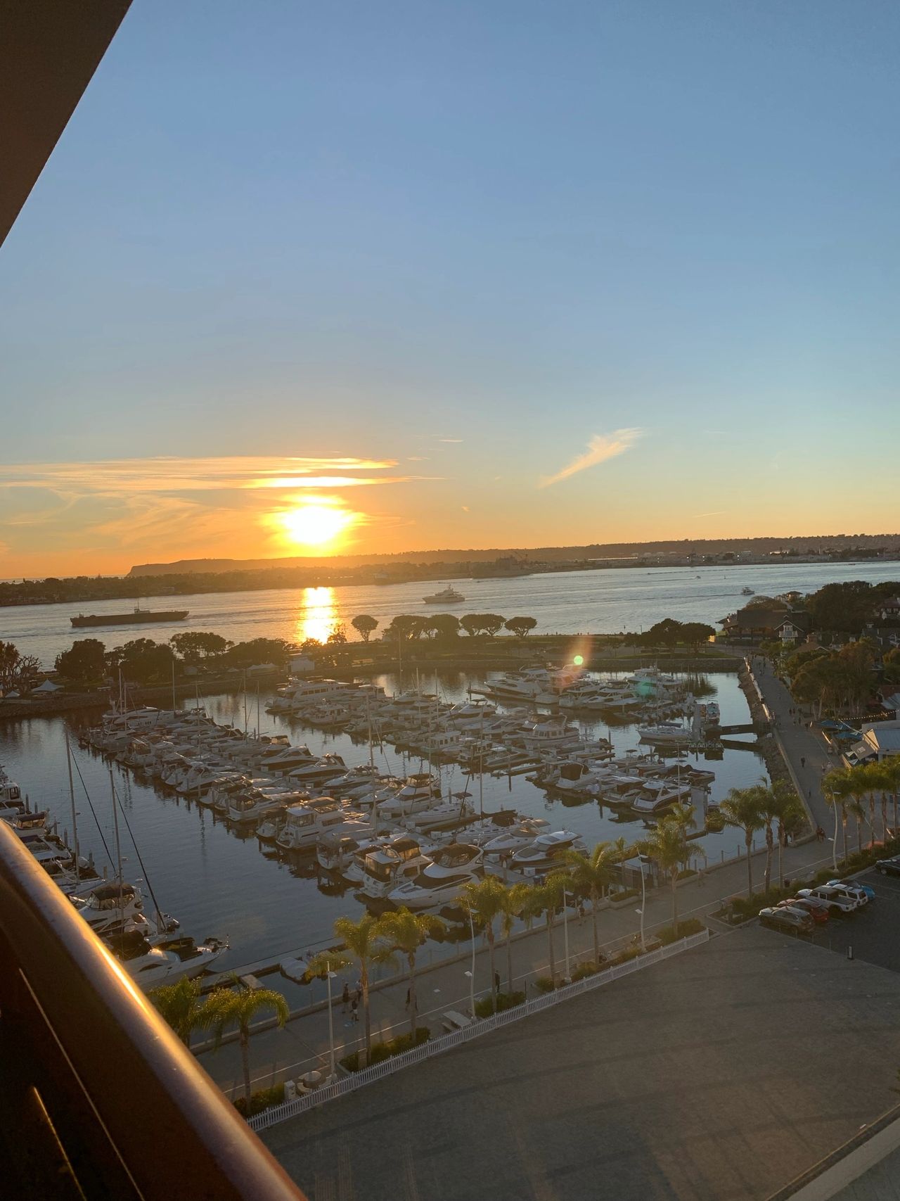 The sunset on the marina from our balcony at Marquis Marriott San Diego Marina