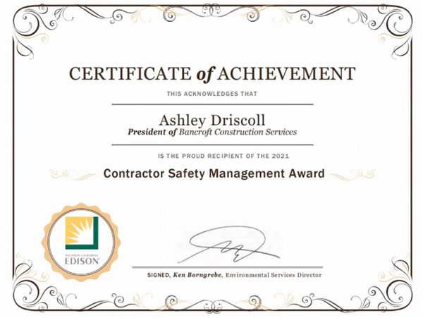 Certificate awarded to Ashley Driscoll for Contractor Safety Management in 2021.