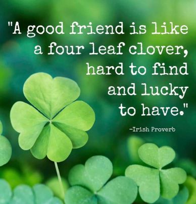 Inspirational quote about friendship with four-leaf clovers in the background.
