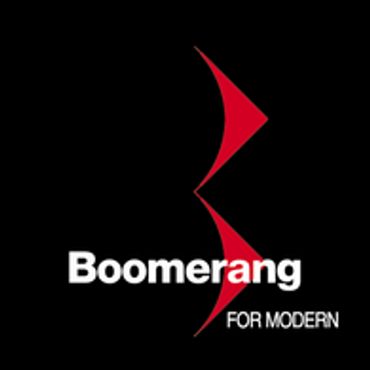 Logo with the word 'Boomerang' and red boomerang shapes.