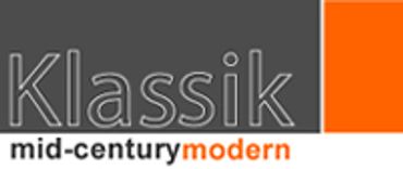 Logo with text 'Klassik mid-century modern' and colored blocks.