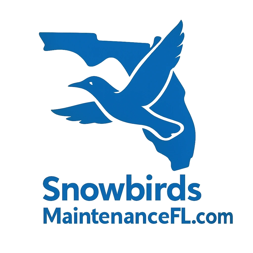Blue logo of a bird flying over two Florida state outlines with text 'Snowbirds MaintenanceFL.com'.