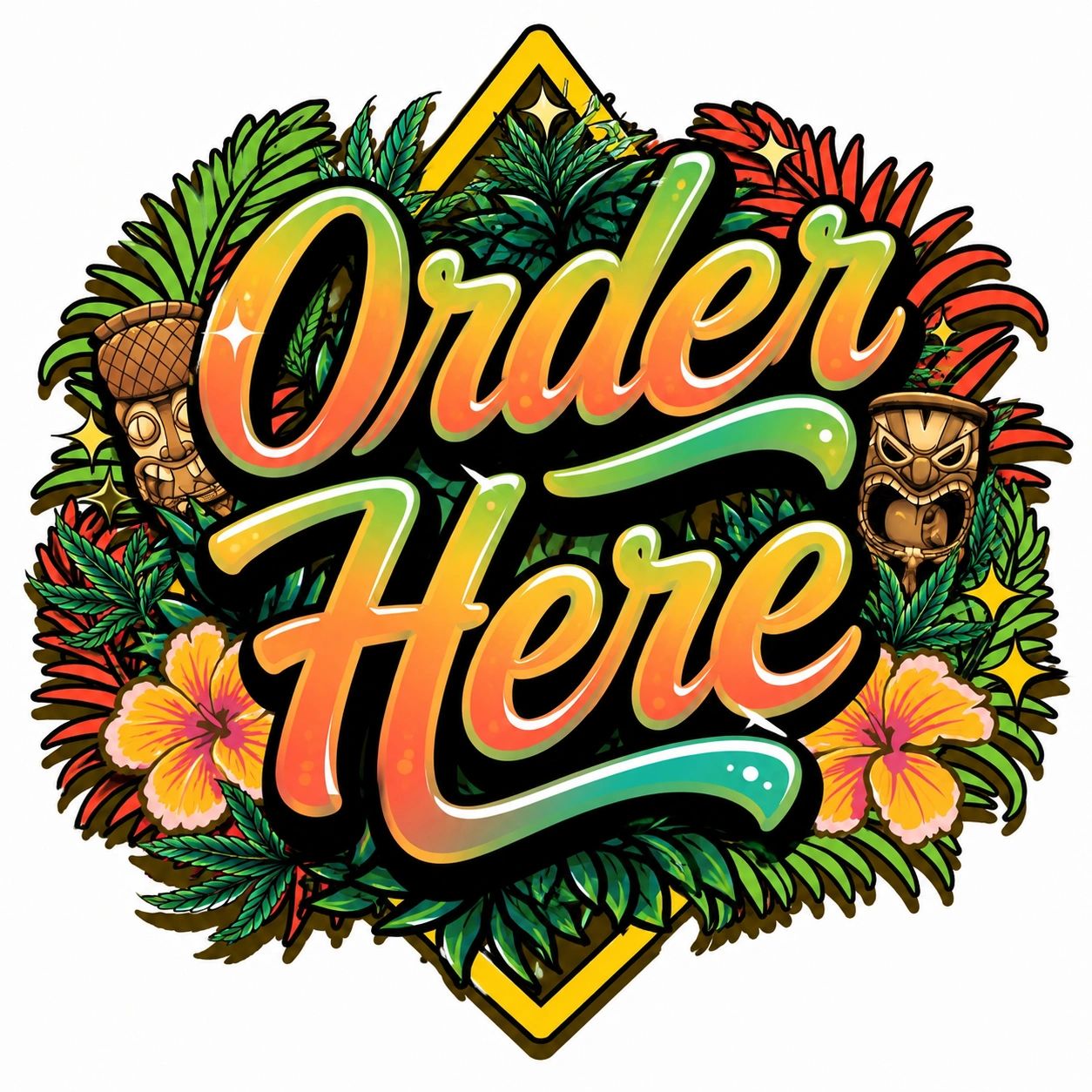 Colorful tropical-themed "Order Here" sign with flowers and tiki masks.