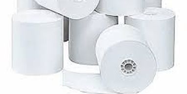 A stack of white thermal paper rolls used for printing.