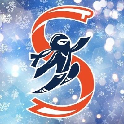 A ninja figure inside a stylized red letter S with a snowy background.