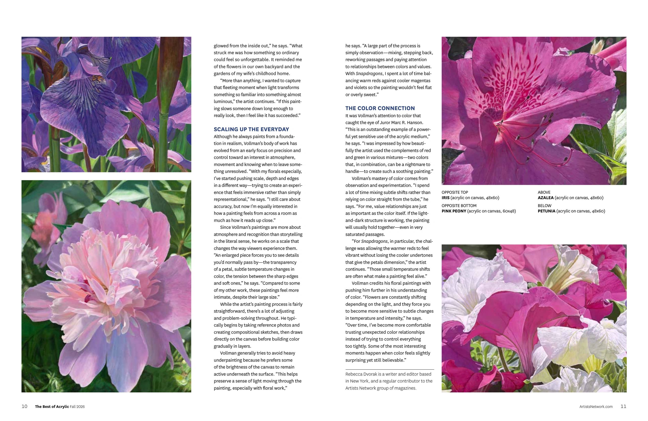 Close-up photos of colorful flowers including iris, azalea, pink peony, and petunia.