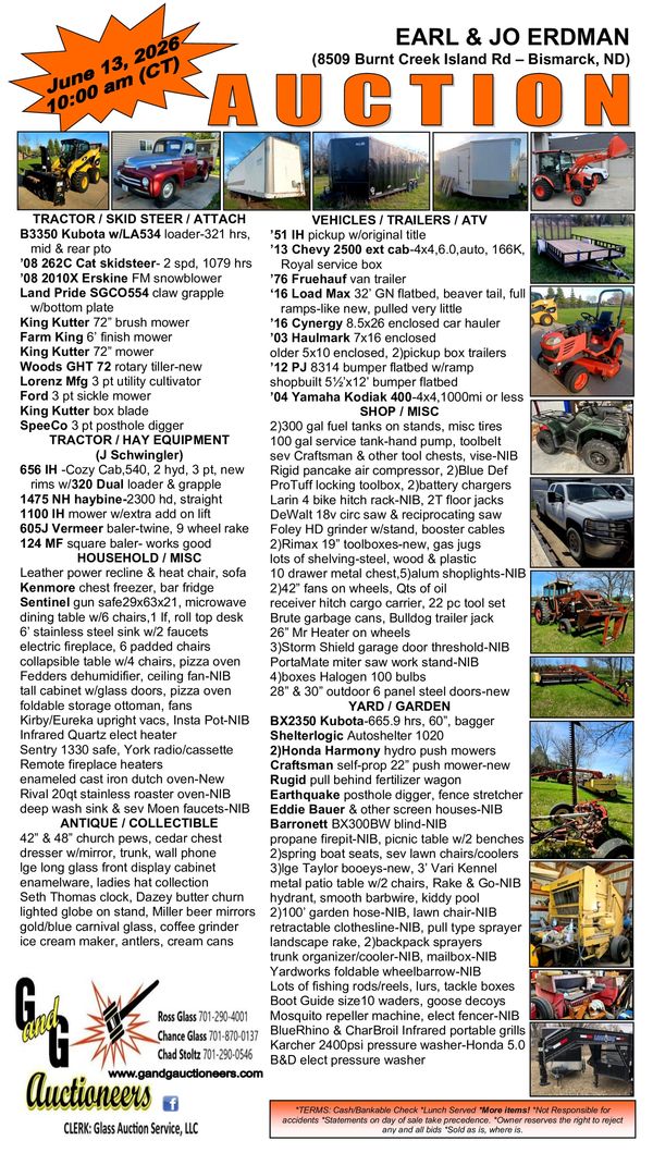 Auction flyer listing tractors, vehicles, tools, antiques, and garden equipment for sale on June 13, 2026.