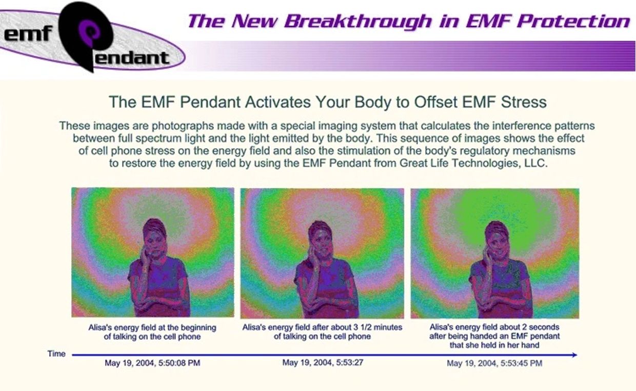 Images showing EMF pendant's effect on energy field during phone use.