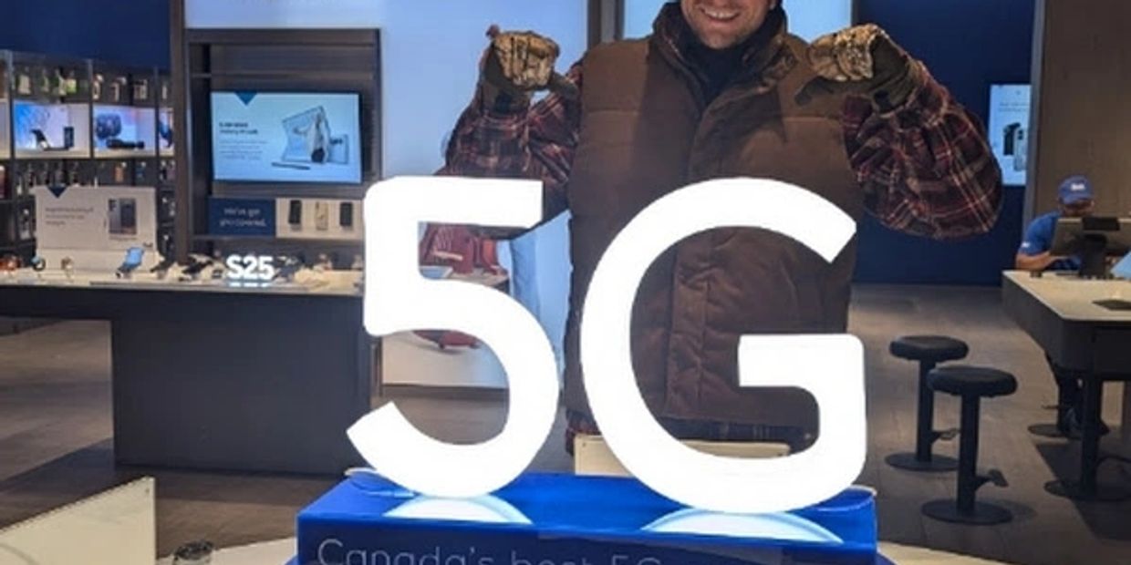 Man posing behind a large glowing 5G sign in a tech store.