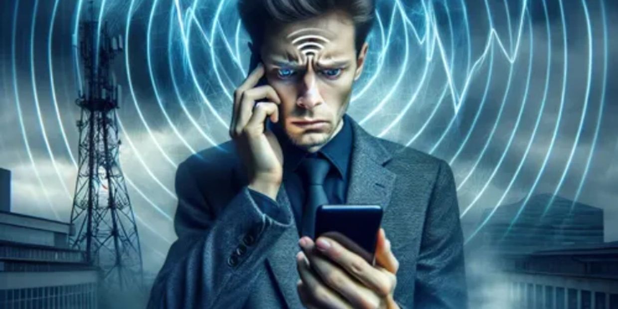 Man in suit using phone with waves emitting from his head.