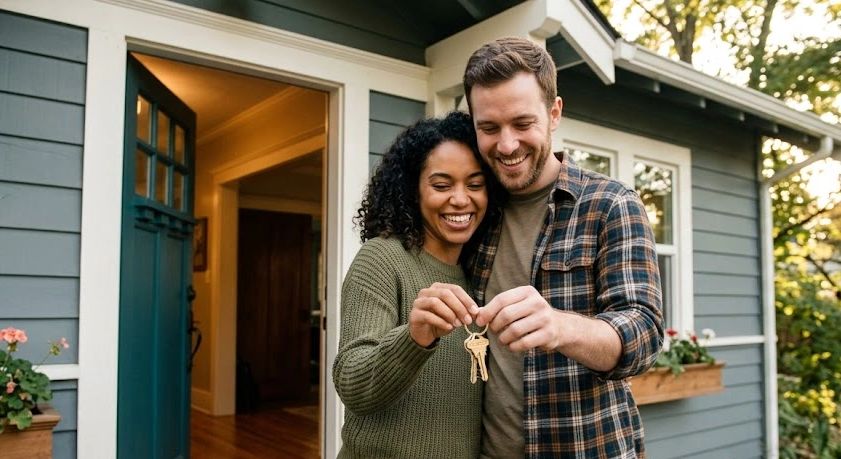 Happy couple holding keys in front of their new home.