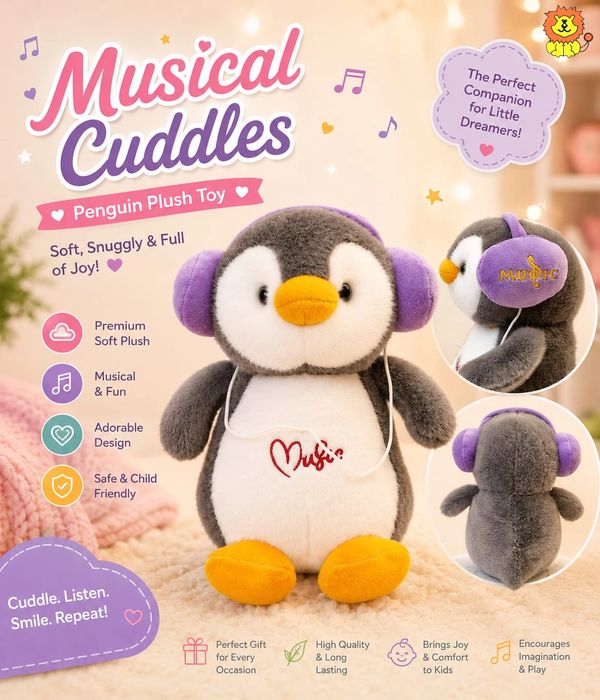 Plush penguin toy with headphones, musical and cuddly for kids.