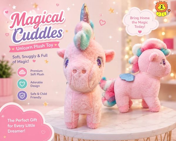 Soft, magical unicorn plush toy with pastel colors, perfect for cuddling.