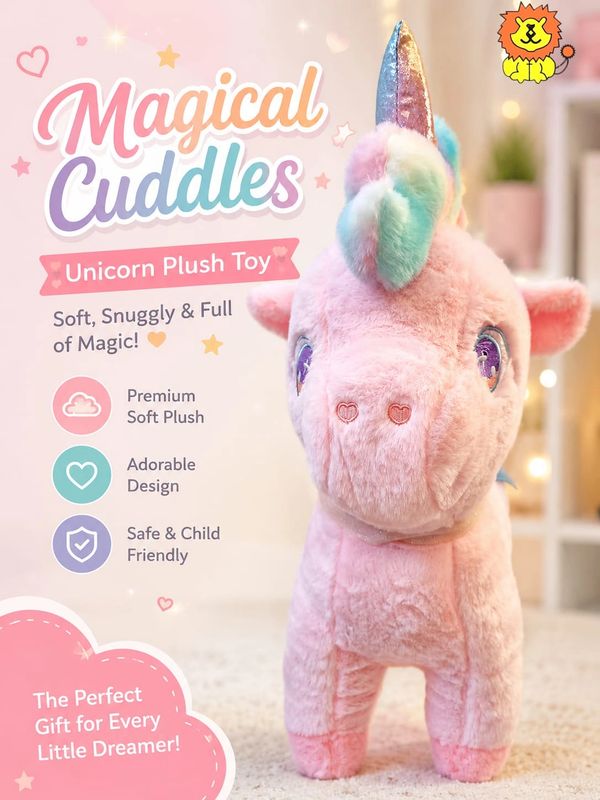 Soft, colorful unicorn plush toy, perfect for cuddles and magical moments.