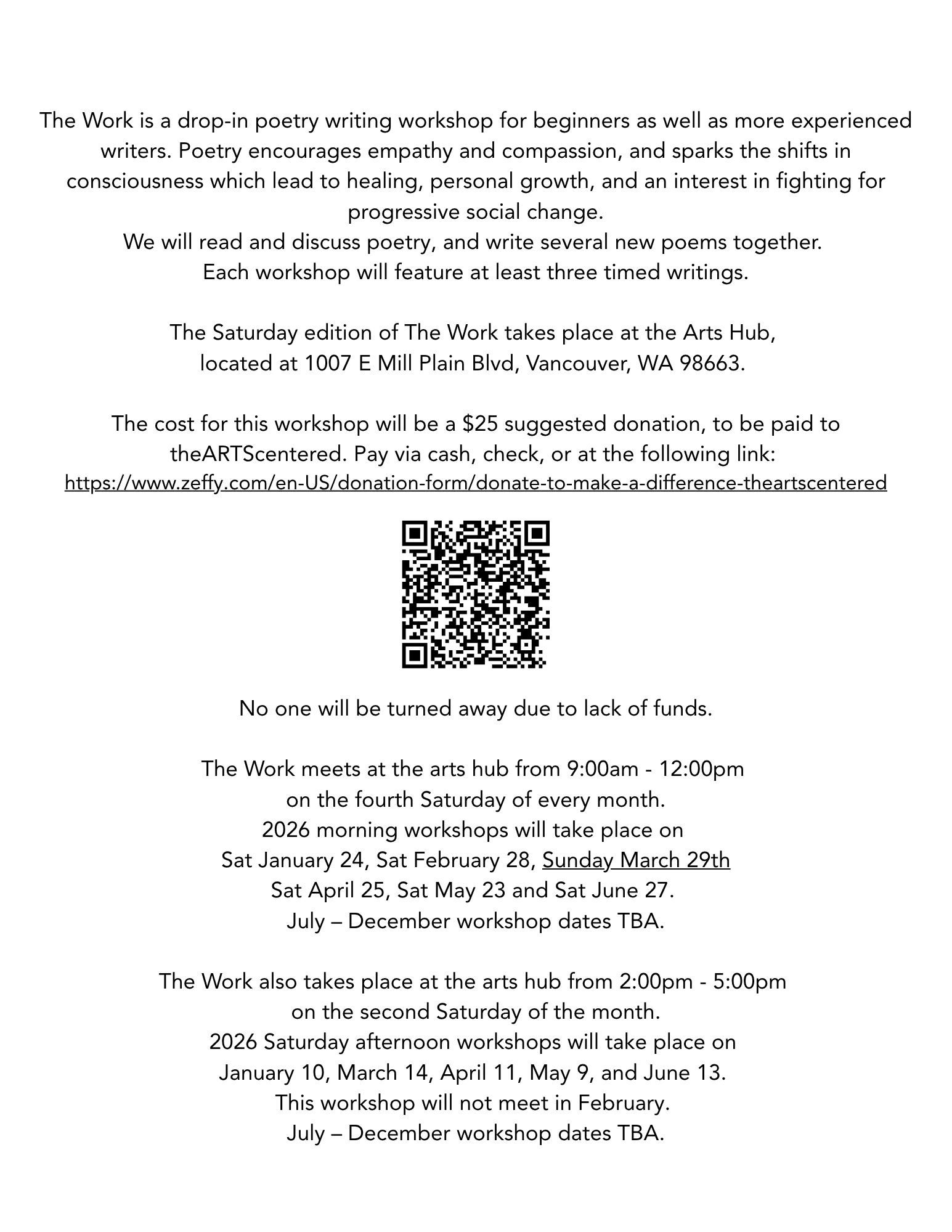 Flyer for The Work poetry writing workshop with schedule, location, and donation details.