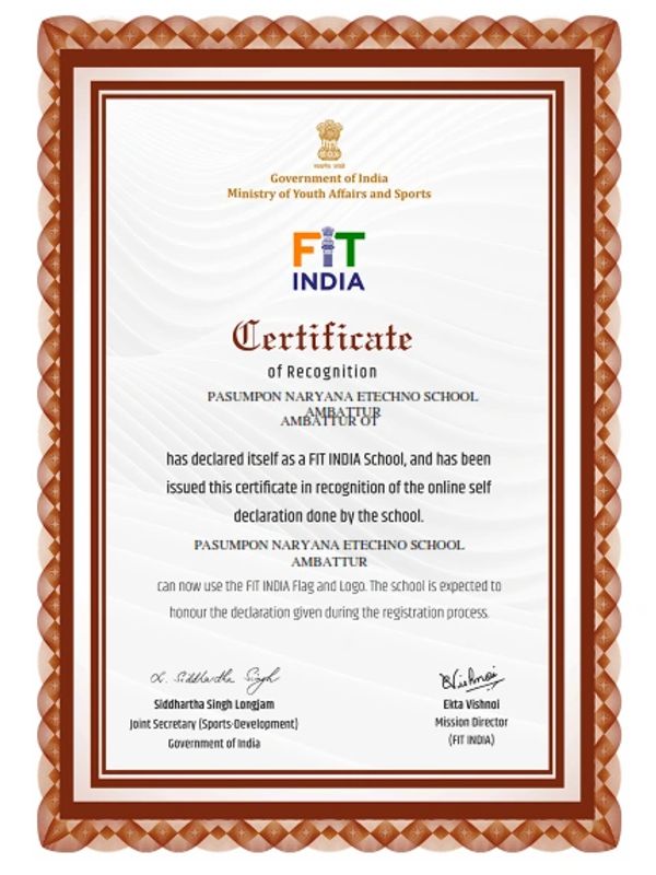 FIT INDIA Certified CBSE School by Sport Development Govt of India. 