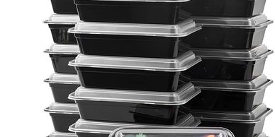Black meal containers with clear lids in several sizes