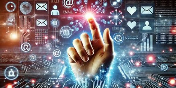 Hand interacting with digital icons and technology interface.