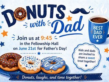 Father's Day Donuts with Dad event invitation with coffee and sweet treats.